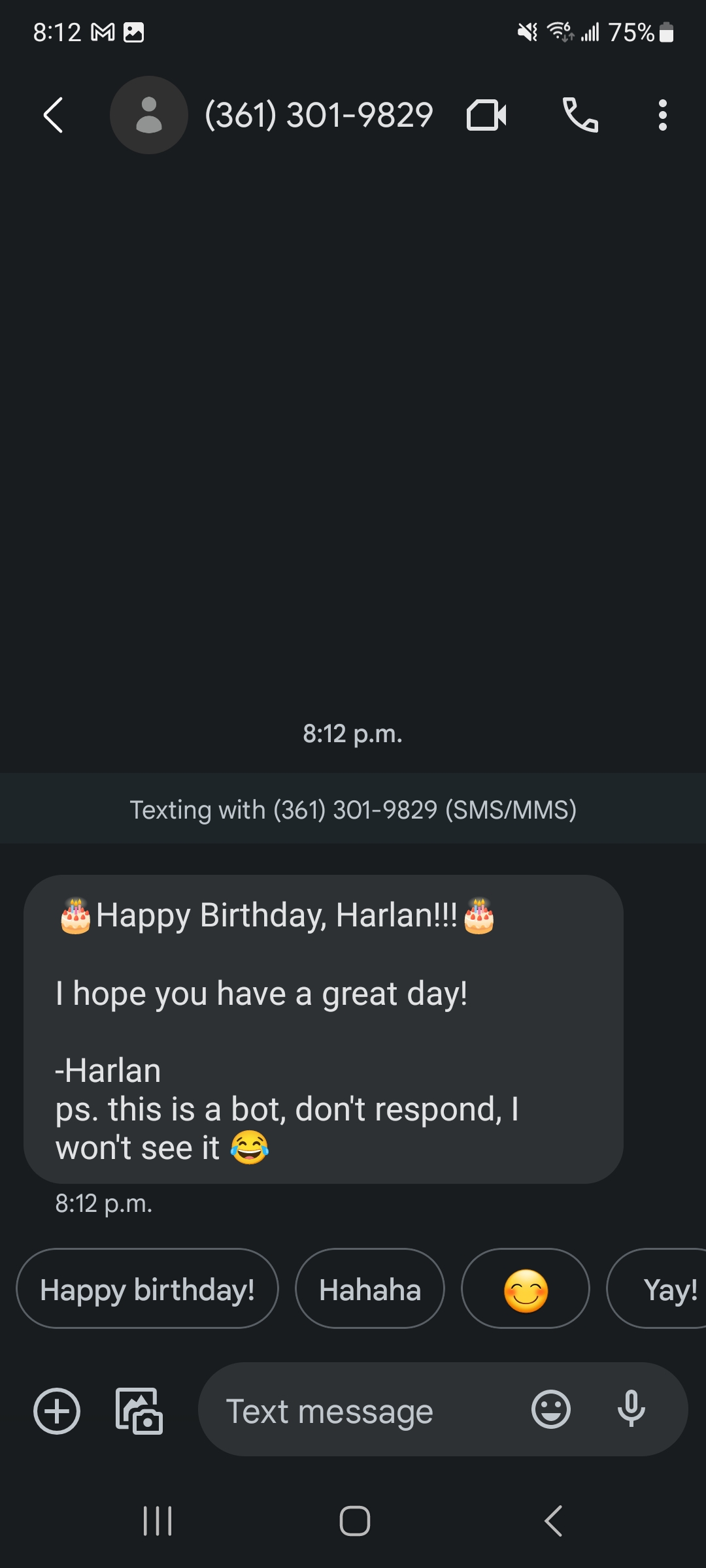 Screenshot of the bot texting happy birthday to the recipient